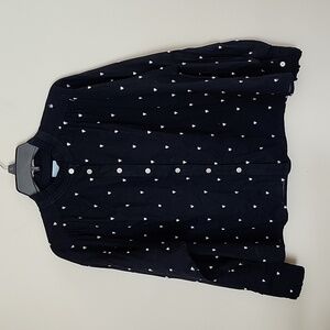 Loft heart embroidered blouse, ruffle detail, cotton, button up, boxy, navy blue